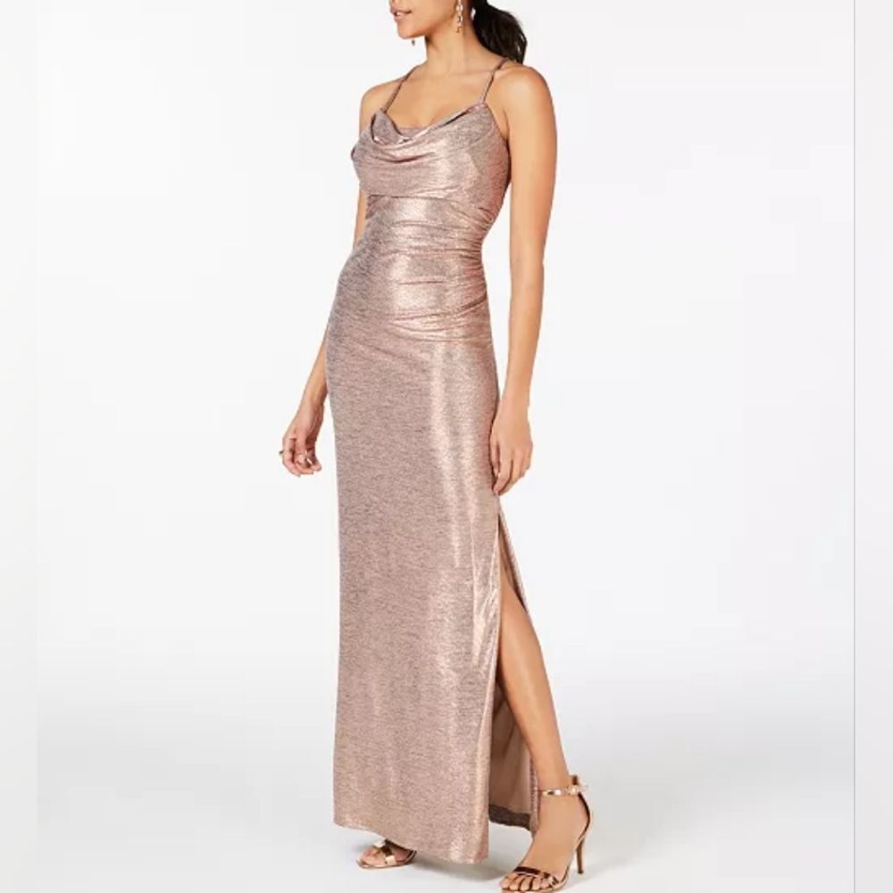 Nightway Petite Sleeveless Cowl Neck Rose Gold Metallic Formal Maxi Gown 14P
